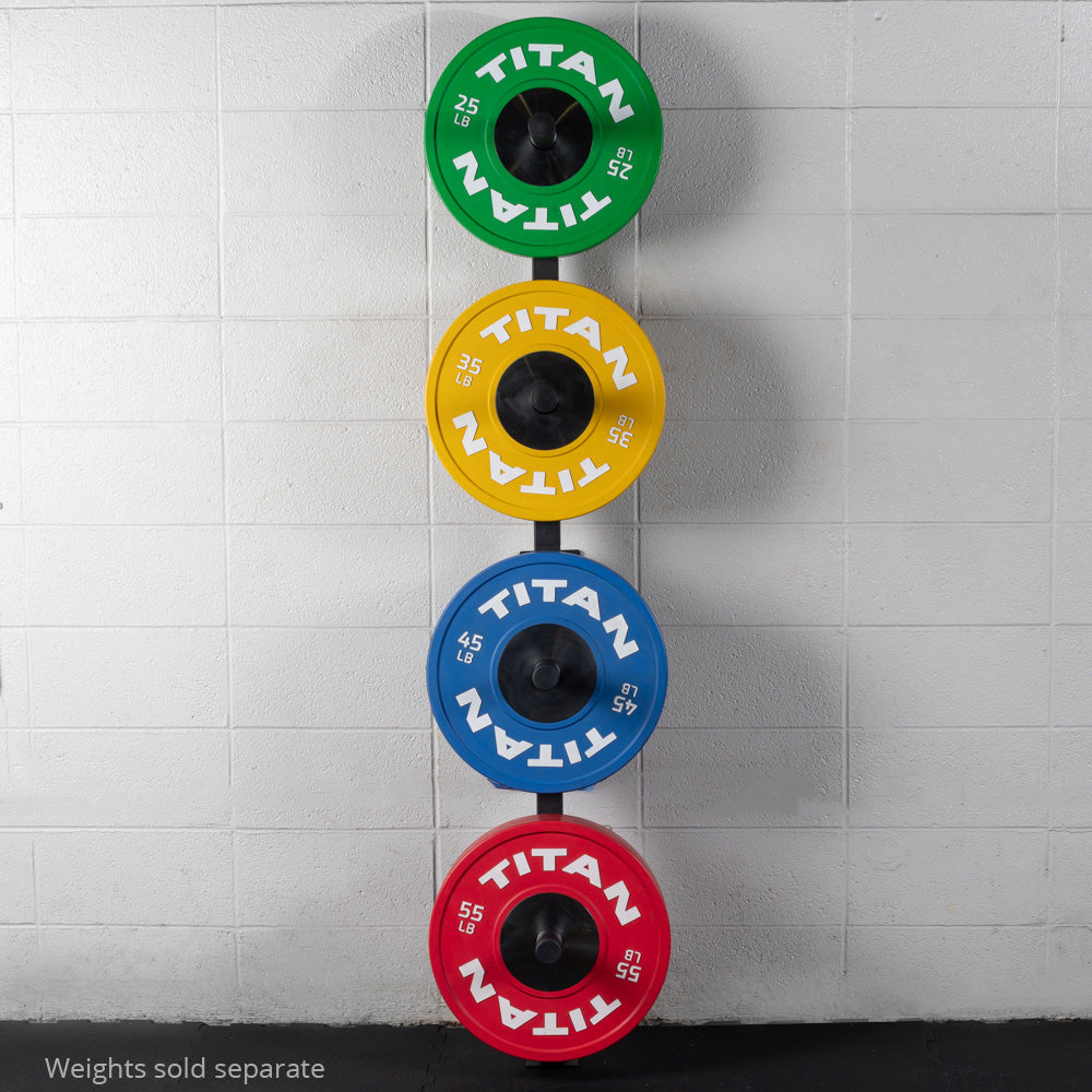 Wall Mounted 4-Peg Olympic Bumper Plate Weight Rack - Fits four 45 LB Plates per post