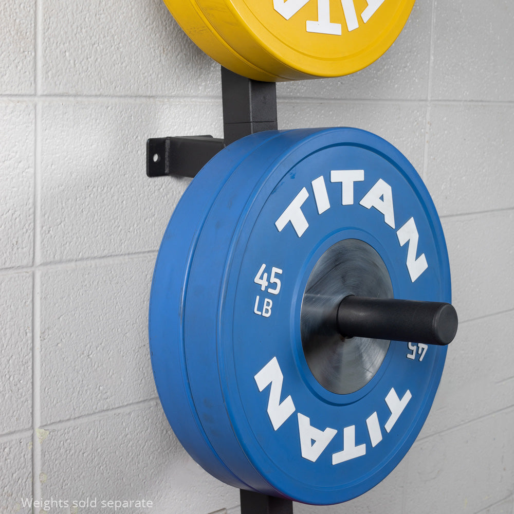 Wall Mounted 4-Peg Olympic Bumper Plate Weight Rack - Angled Design leans against the wall - view 5