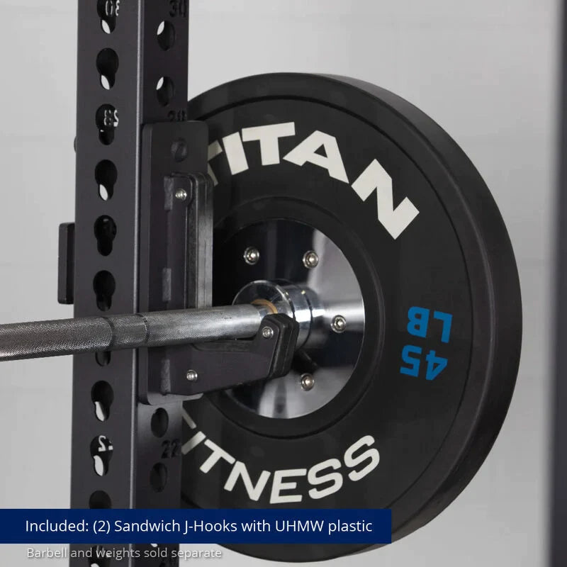 TITAN Series Power Rack - Included: (2) Sandwich J-Hooks with UHMW Plastic | Black / 2” Fat Pull-Up Bar / Roller J-Hooks - view 79
