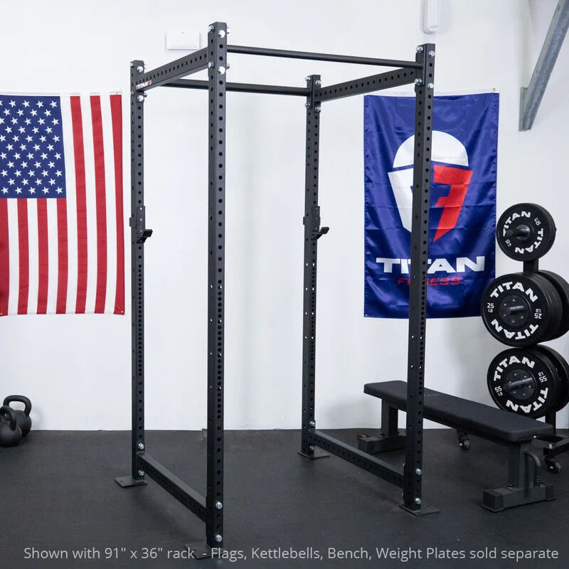 T-3 Series Power Rack - Shown with 91" x 36" rack - Flags, Kettlebells, Bench, Weight Plates sold separate | Black / 4 Pack Weight Plate Holders - view 2