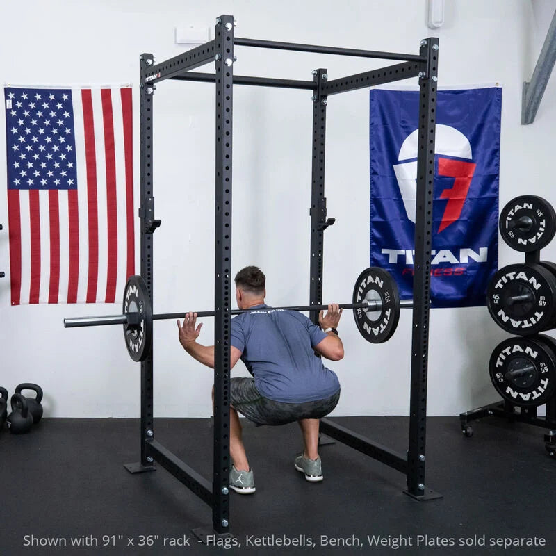T-3 Series Power Rack in use - Shown with 91" x 36" rack - Flags, Kettlebells, Bench, Weight Plates sold separate | Black / 4 Pack Weight Plate Holders - view 3
