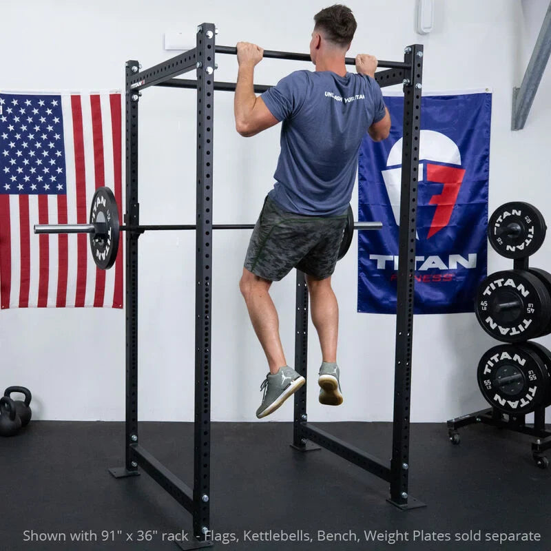 T-3 Series Power Rack pull up - Shown with 91" x 36" rack - Flags, Kettlebells, Bench, Weight Plates sold separate | Black / No Weight Plate Holders