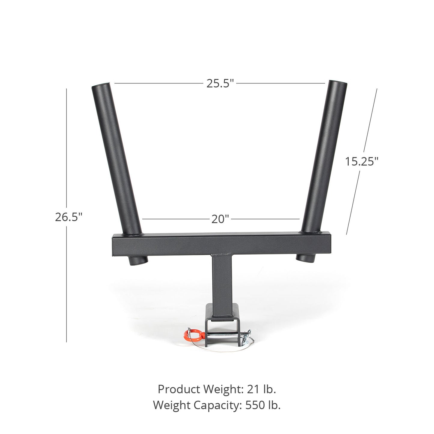 A front-facing view of a black, metallic Titan Fitness X-3 Series Y-Dip Attachment with dimensions: width 20 inches, height 26.5 inches, and depth 25.5 - view 8