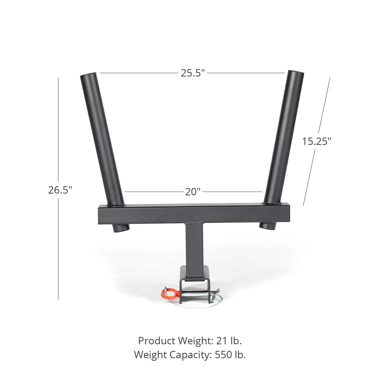 A front-facing view of a black, metallic Titan Fitness X-3 Series Y-Dip Attachment with dimensions: width 20 inches, height 26.5 inches, and depth 25.5