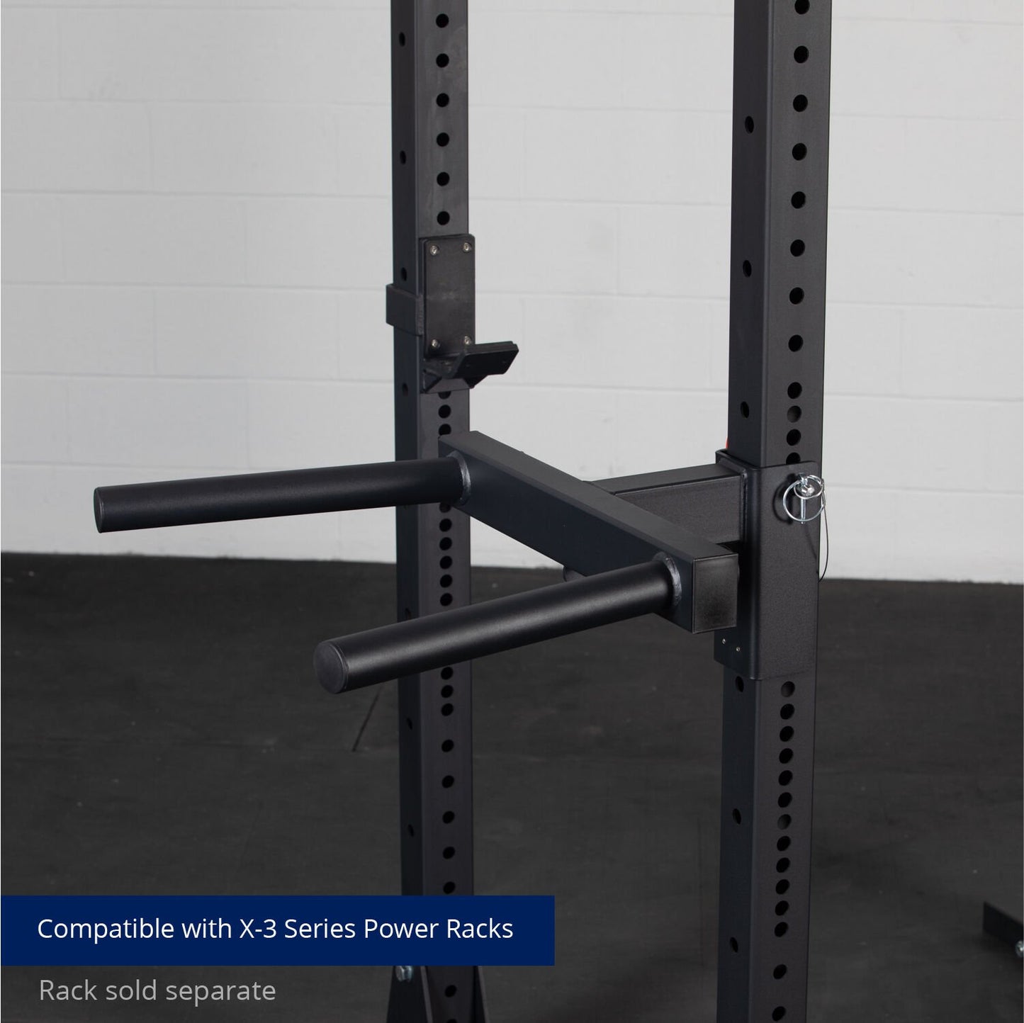 A pair of sturdy, black Titan Fitness X-3 Series Y-Dip Attachments attached to a power rack, declared as compatible with x-3 series power racks, for enhancing workout routines with dip exercises - view 3