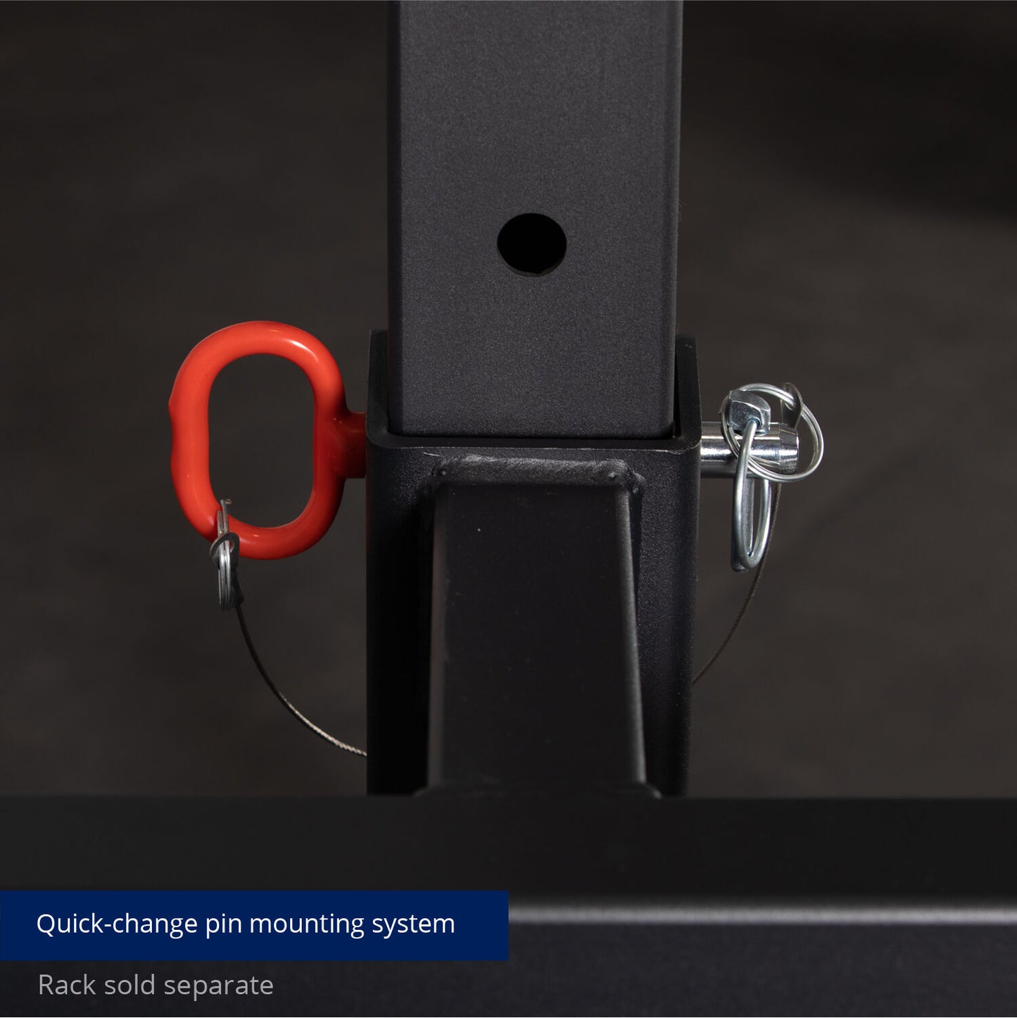 Quick-change pin mounting system featured on a Titan Fitness X-3 Series Y-Dip Attachment with a red carabiner and a safety pin; additional equipment sold separately. Compatible with the Titan Fitness X-3 Series Y-Dip Station - view 6