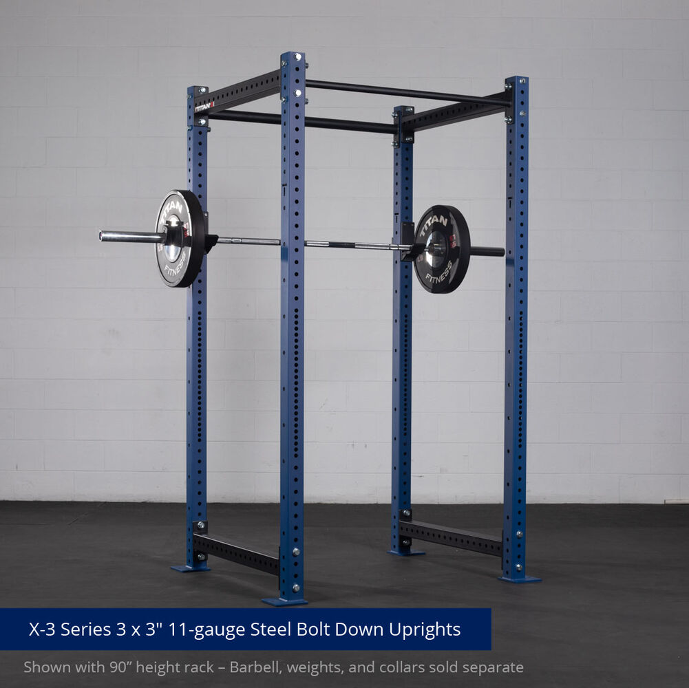 X-3 Series Bolt-Down Power Rack - 3 x 3-inch 11-gauge Steel Uprights | Navy / 4 Pack Weight Plate Holders