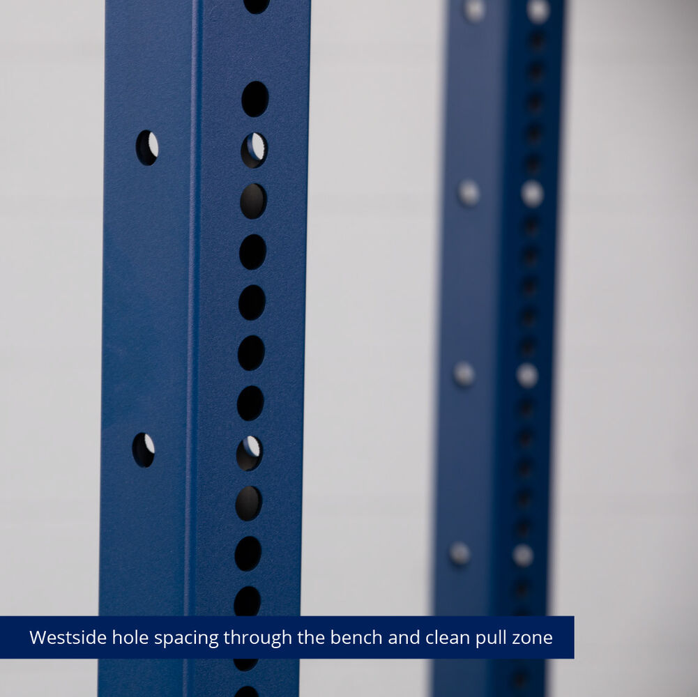 X-3 Series Bolt-Down Power Rack - Westside hole spacing through the bench and clean pull zone | Navy / 4 Pack Weight Plate Holders - view 86