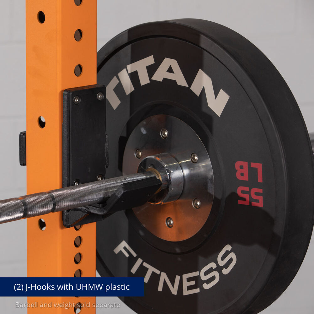 X-3 Series Bolt-Down Power Rack - (2) J-Hooks with UHMW plastic | Orange / 4 Pack Weight Plate Holders - view 95
