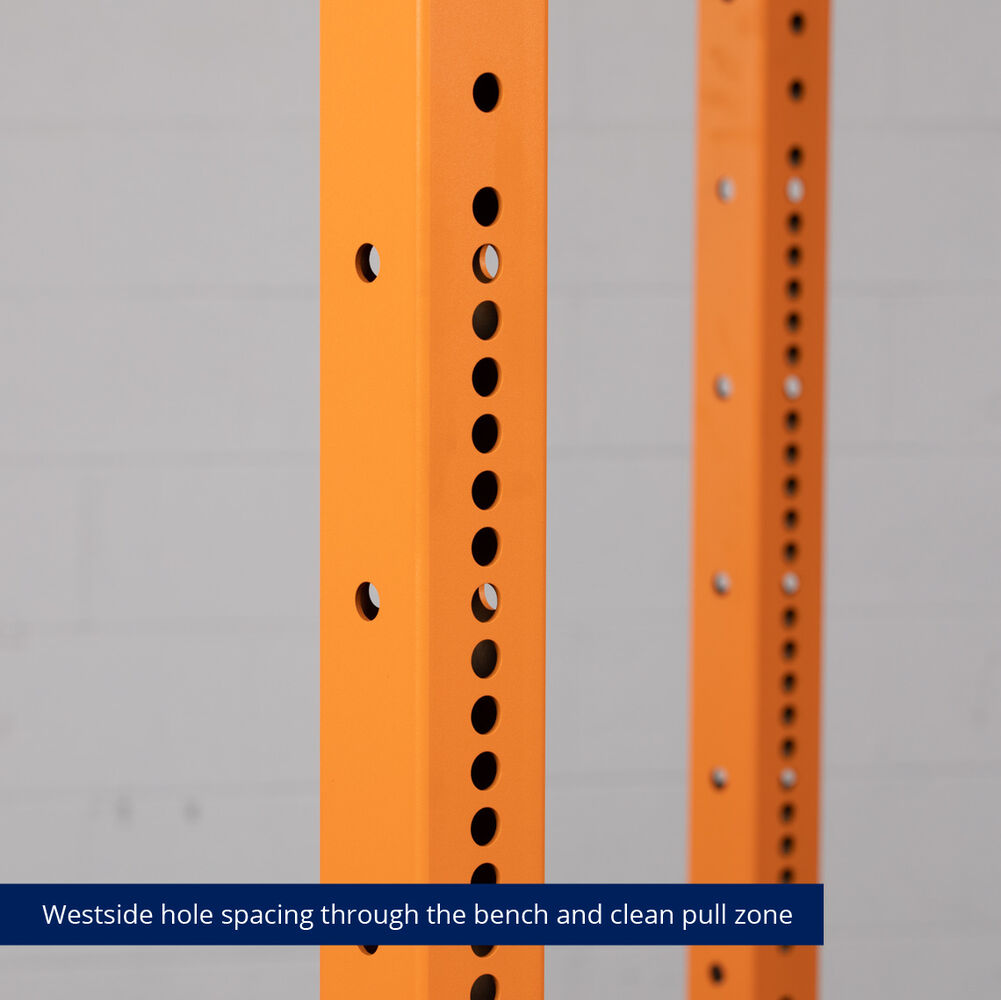 X-3 Series Bolt-Down Power Rack - Westside hole spacing through the bench and clean pull zone | Orange / 4 Pack Weight Plate Holders - view 97
