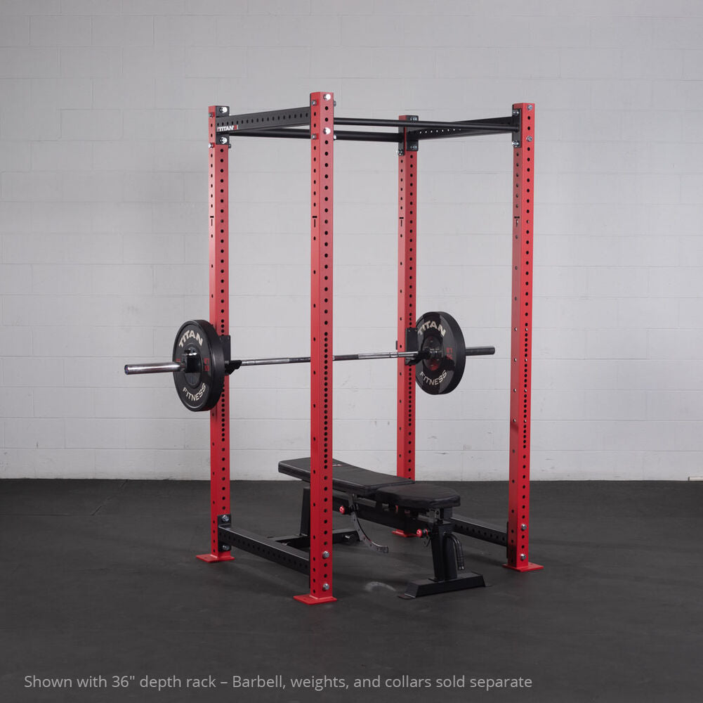 X-3 Series Bolt-Down Power Rack - Shown with 36" depth rack - Barbell, bench, weights, and collars sold separate | Red / 4 Pack Weight Plate Holders
