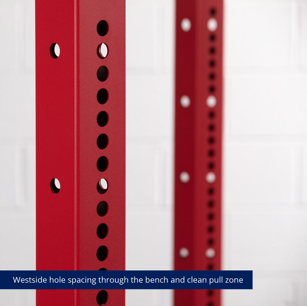 X-3 Series Bolt-Down Power Rack - Westside hole spacing through the bench and clean pull zone | Red / No Weight Plate Holders - view 41