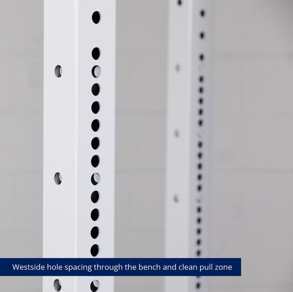 X-3 Series Bolt-Down Power Rack - Westside hole spacing through the bench and clean pull zone | White / No Weight Plate Holders - view 64
