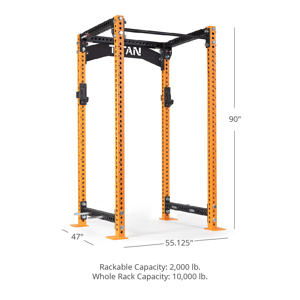 TITAN Series Power Rack - 90", 53", 55.125" Rackable Capacity: 2,000 lb Whole Rack Capacity: 10,000 lb. | Orange / 2” Fat Pull-Up Bar / Sandwich J-Hooks - view 49