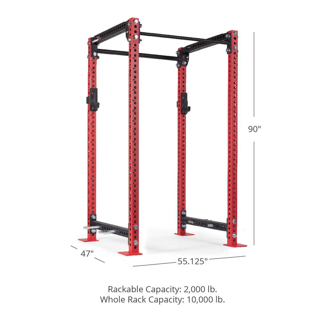 TITAN Series Power Rack - 90", 53", 55.125" Rackable Capacity: 2,000 lb Whole Rack Capacity: 10,000 lb. | Red / 2” Fat Pull-Up Bar / Sandwich J-Hooks - view 55