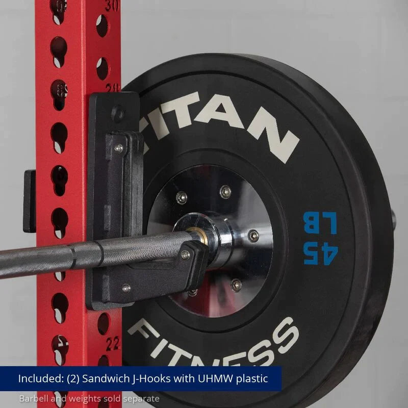 TITAN Series Power Rack - Included: (2) Sandwich J-Hooks with UHMW Plastic | Red / 2” Fat Pull-Up Bar / Roller J-Hooks