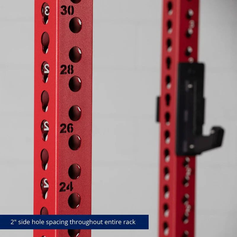 TITAN Series Power Rack - 2" Side Hole Spacing Throughout Entire Rack | Red / Crossmember Nameplate / Sandwich J-Hooks