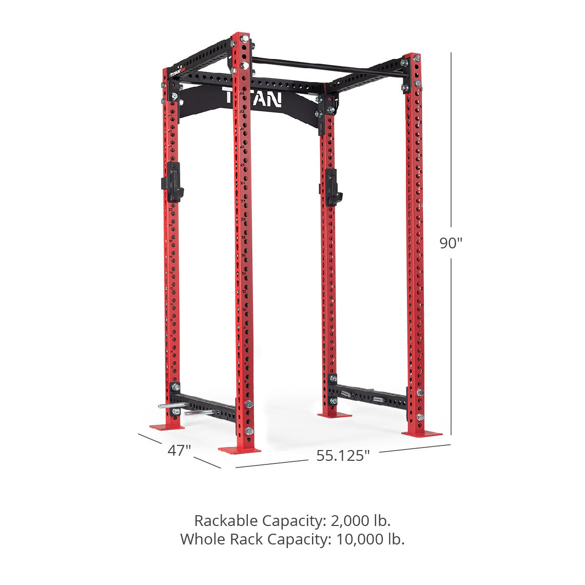 TITAN Series Power Rack - 90", 53", 55.125" Rackable Capacity: 2,000 lb Whole Rack Capacity: 10,000 lb. | Red / Crossmember Nameplate / Sandwich J-Hooks