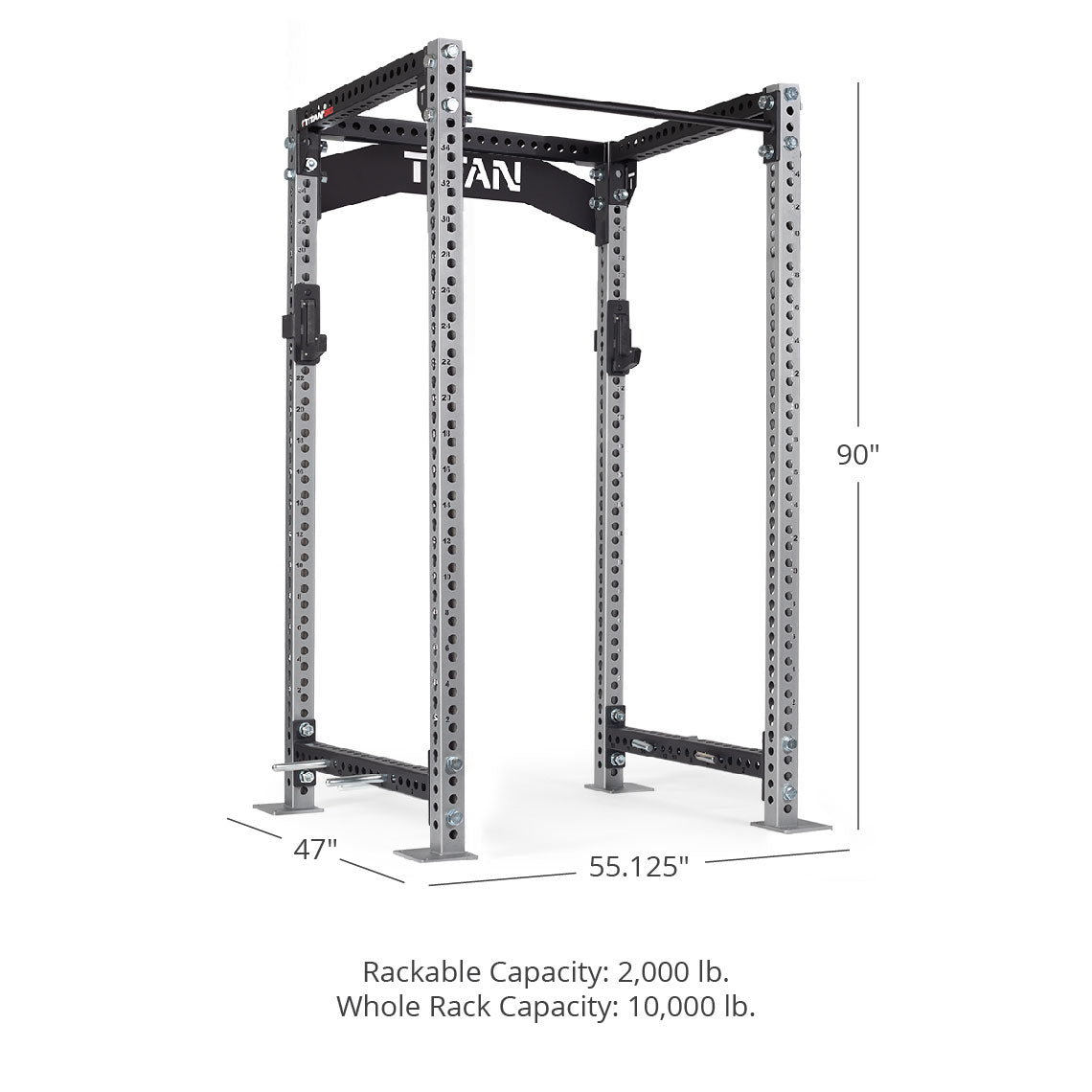 TITAN Series Power Rack - 90", 53", 55.125" Rackable Capacity: 2,000 lb Whole Rack Capacity: 10,000 lb. | Silver / Crossmember Nameplate / Sandwich J-Hooks - view 174