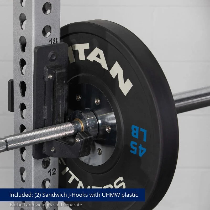 TITAN Series Power Rack - Included: (2) Sandwich J-Hooks with UHMW Plastic | Silver / 2” Fat Pull-Up Bar / Roller J-Hooks