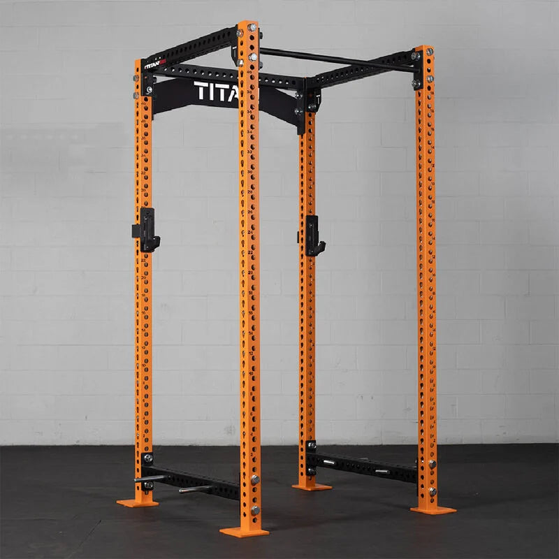 TITAN Series Power Rack Detail | Orange / 2” Fat Pull-Up Bar / Sandwich J-Hooks