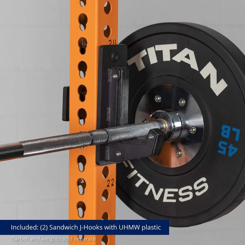 TITAN Series Power Rack - Included: (2) Sandwich J-Hooks with UHMW Plastic | Orange / Crossmember Nameplate / Roller J-Hooks