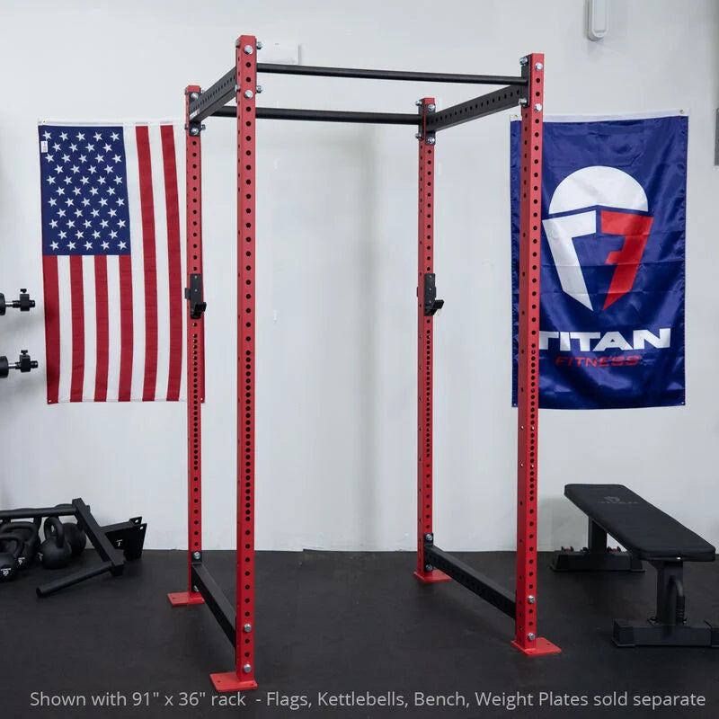 T-3 Series Power Rack - Shown with 91" x 36" rack - Flags, Kettlebells, Bench, Weight Plates sold separate | Red / 4 Pack Weight Plate Holders - view 12