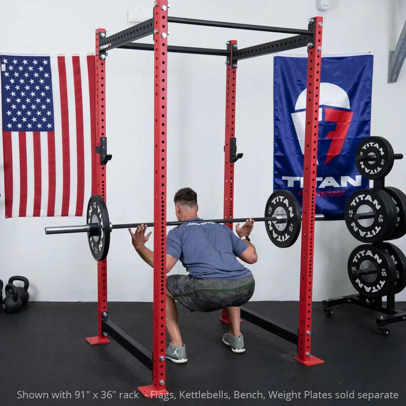T-3 Series Power Rack in use - Shown with 91" x 36" rack - Flags, Kettlebells, Bench, Weight Plates sold separate | Red / 4 Pack Weight Plate Holders