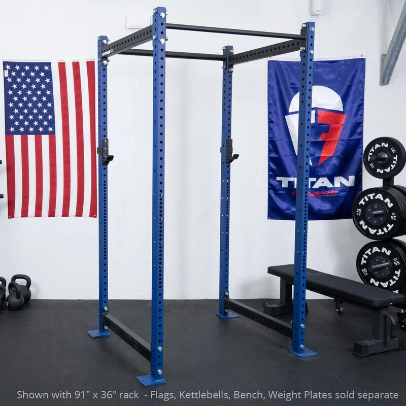 T-3 Series Power Rack - Shown with 91" x 36" rack - Flags, Kettlebells, Bench, Weight Plates sold separate | Navy / 4 Pack Weight Plate Holders