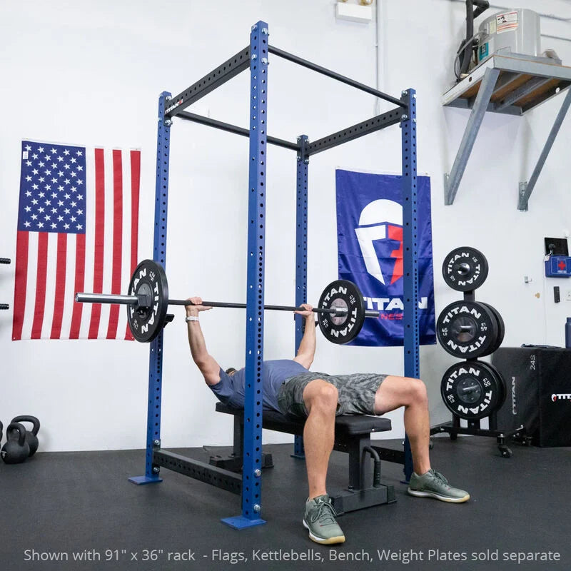 T-3 Series Power Rack in use - Shown with 91" x 36" rack - Flags, Kettlebells, Bench, Weight Plates sold separate | Navy / No Weight Plate Holders - view 53