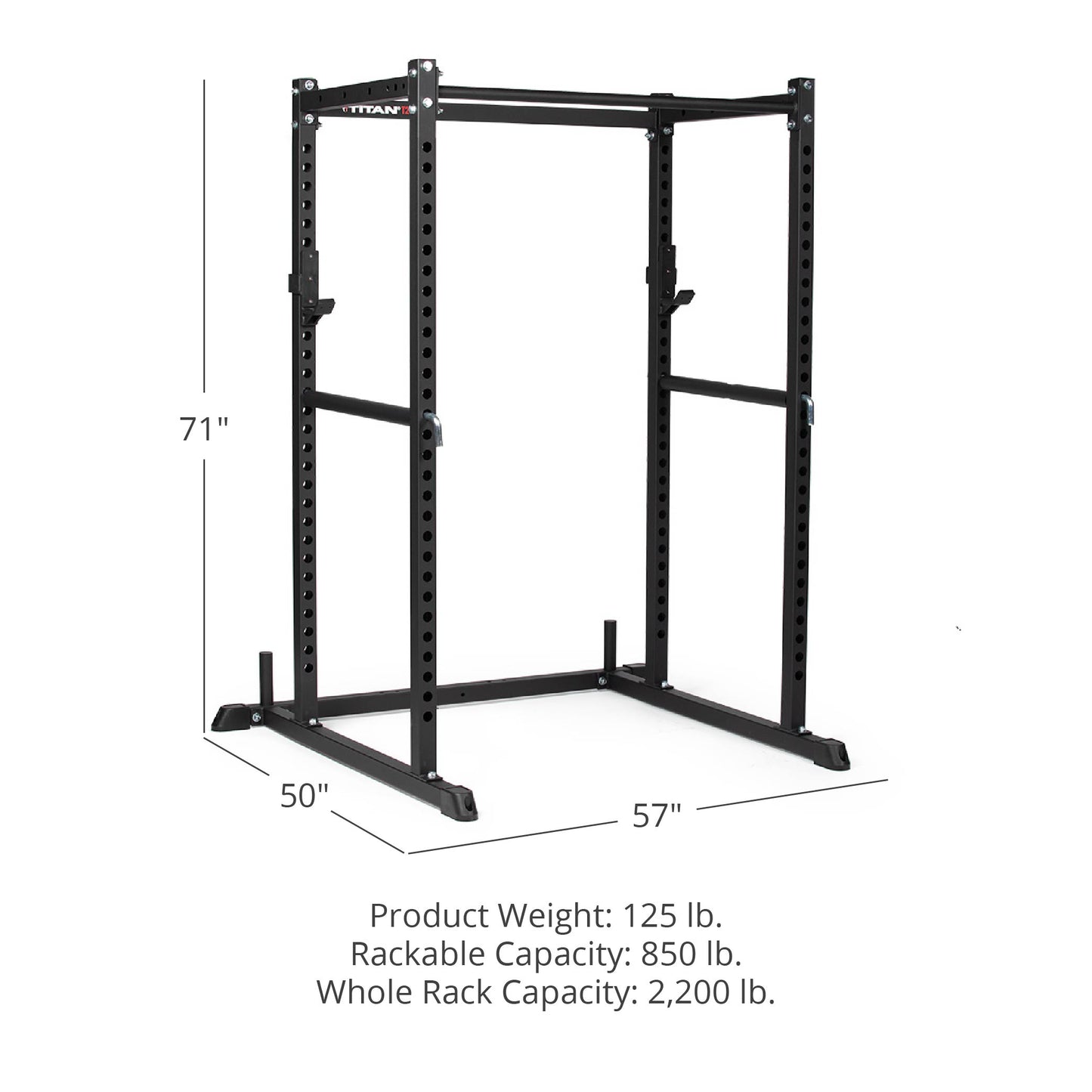 T-2 Series Power Rack | Image Shows Height of 71", Length of 50", Width of 57". Product Weight: 125 lb. Rackable Capacity: 850 lb. Whole Rack Capacity: 2,200 lb. - view 12