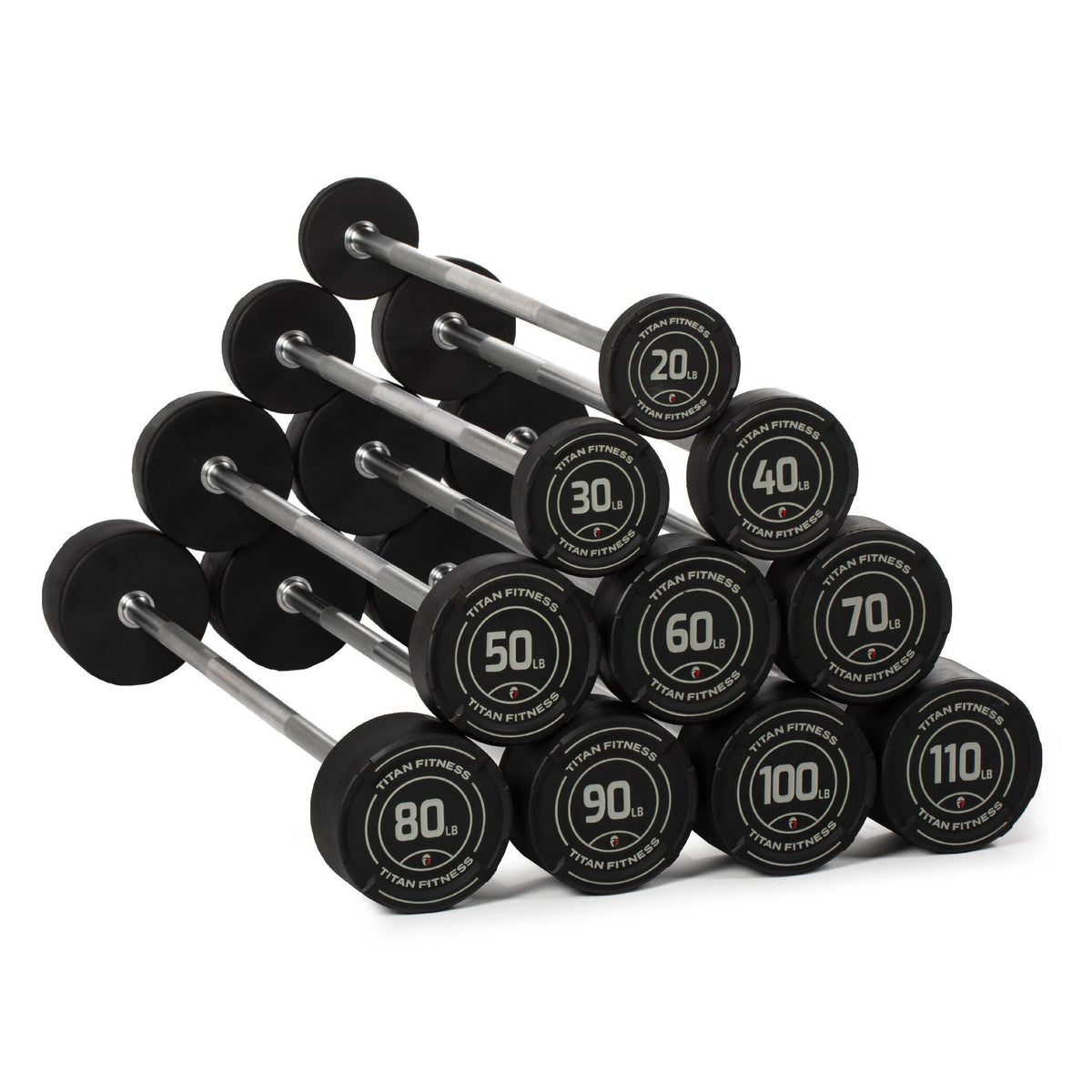 Ffe Fixed Weights 20lb-110lb Straight Fixed Rubber Barbell Set | Titan Fitness