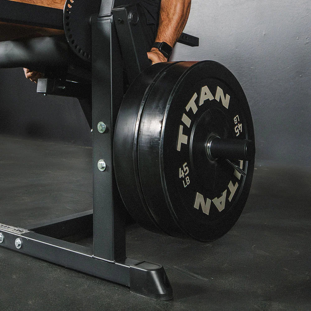 Titan plate-loaded leg extension and leg curl machine, view of weights - view 11